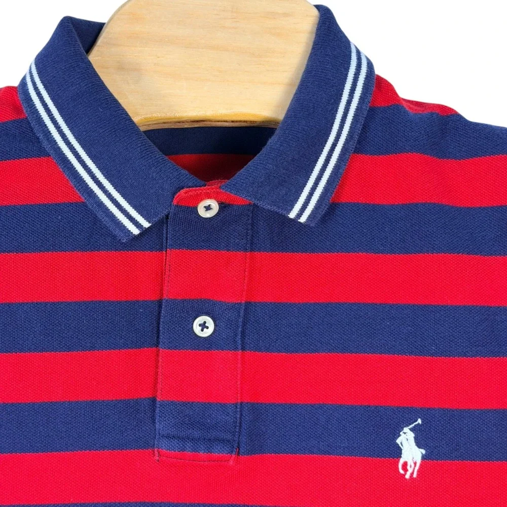 Vintage Polo Ralph Lauren Polo Shirt Mens M Red Blue Striped Cotton Short Sleeve